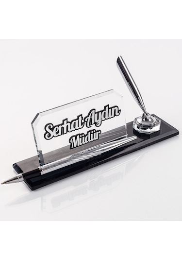 İnce Tasarım Kristal Masa İsimliği Kalemli Şık Ofis