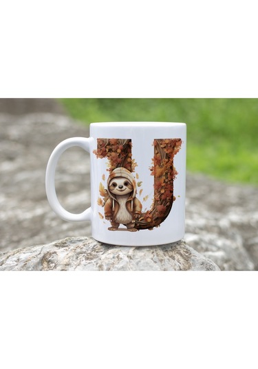 U Harf Sonbahar Yaprak Temalı Kupa Bardak - Sevimli Figürler İle Alfabe Harfli Bardak - Kişiye Özel Beyaz