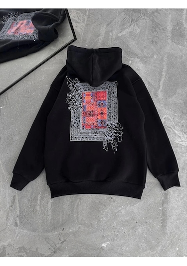 Snakewear Uzun Kol Kapşonlu Ön Ve Arka Baskılı Sweatshirt - Siyah Siyah