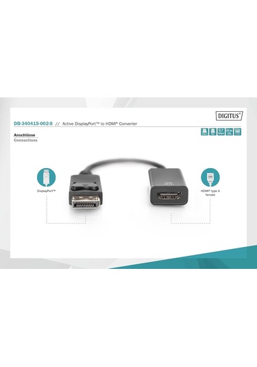 Digitus Aktif Displayport Adaptör Kablosu - Dp - Hdmi Tip A - Hdm