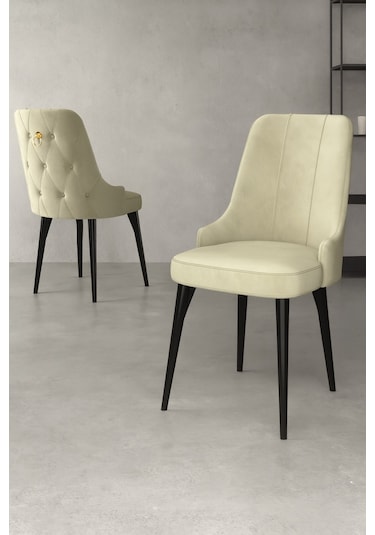 Esa 4 Adet Babyface Kumaş, Siyah Metal Ayaklı, Mutfak Ve Yemek Odası Sandalyesi Krem