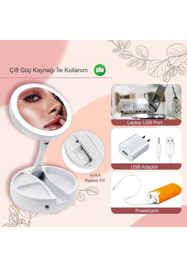10x Büyütme Çift Taraflı Makyaj Ayna Katlanabilir 21 Led Işıklı Makyaj Aynası Usb Kablo Beyaz