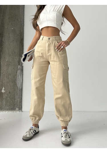 Kadın Paça Lastik Kargo Cep Keten Mom Pantolon Bej