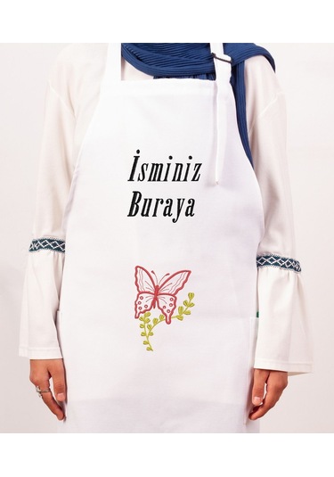 Mutfak Önlüğü Kişiye Ve İsme Özel Nakışlı Mutfak Önlüğü Kelebek01 Farklı Renkler Beyaz
