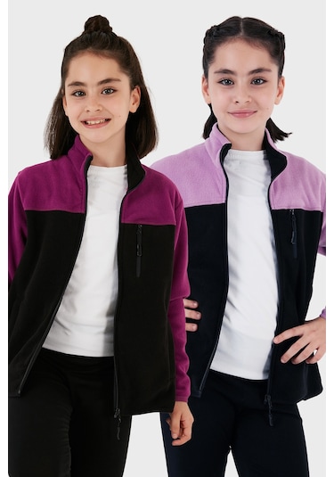 Lela Yumuşak Dokulu Fermuarlı Renk Bloklu Dik Yaka Cepli 2'Li Paket Hırka Çocuk Polar 5905001S2 Lila Siyah-Mor Siyah