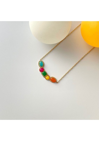 Vintage Renkli Taşlı Çelik Kolye Altın