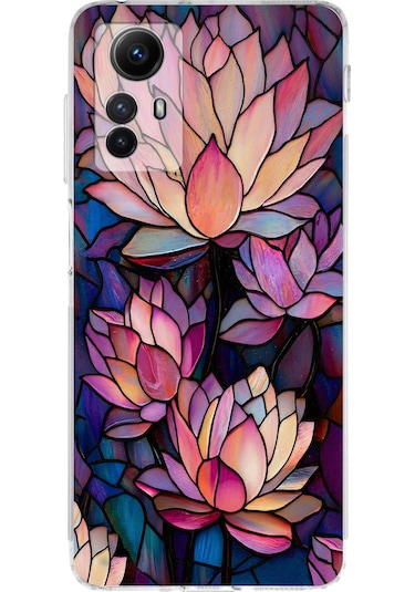 Printify Redmi Note 12s İle Uyumlu Vitray Sessiz Lotus Tasarımlı Şeffaf Silikon Kılıf Şeffaf