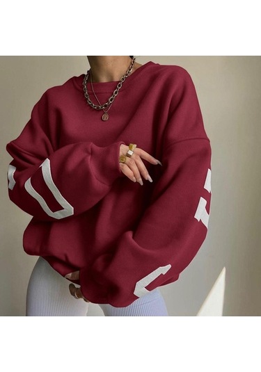 Novahub Sonbahar/kış Hip Pop Kadın Kalın Yuvarlak Yaka Mektup Baskılı Büyük Boy Tişört Şarap Kırmızısı Bordo S-m-l-xl-xxl Bordo