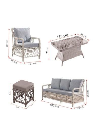 Edra Rattan Puflu Bahçe Balkon Takımı 3+1+1+camlı Masa Gri Gri