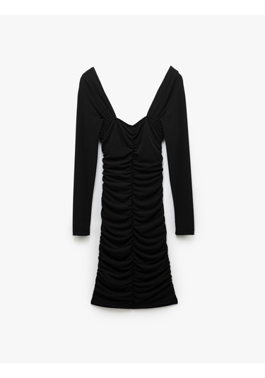 Koton Drapeli Slim Fit Uzun Kollu Mini Kare Yaka Elbise Siyah 5sak80017pk Siyah