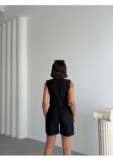 Kadın Keten Yelek Şort Alt Üst Takım Siyah
