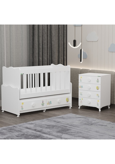 Elegant Mdf Çıtalı Beşik + Şifonyer - Ayıcık Beyaz