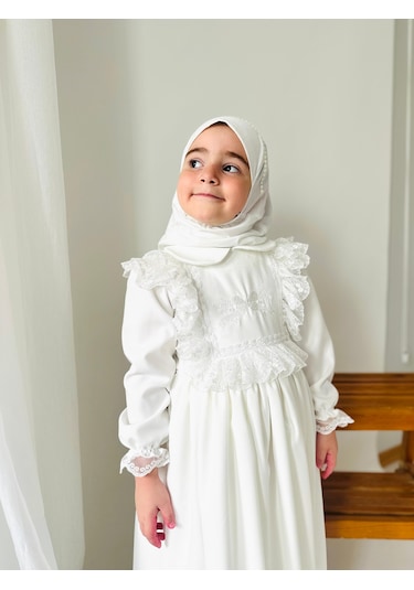 Kız Çocuk Tesettür Elbisesi Merasim Elbisesi,başörtülü Takım 3-12 Yaş Uygun Beyaz