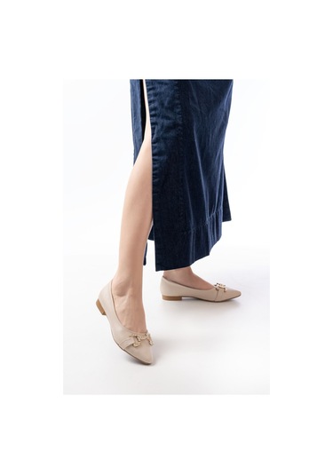 Aska Shoes İnf-133 Taşlı Tokalı Günlük Kadın Babet Ten