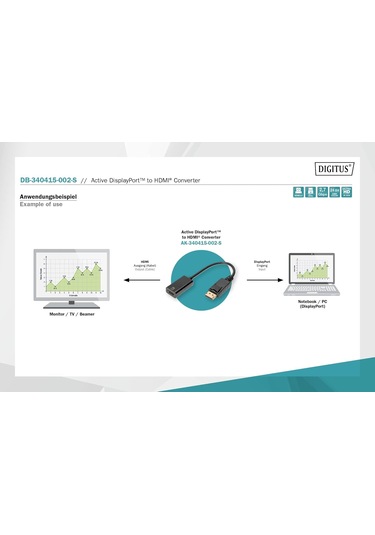 Digitus Aktif Displayport Adaptör Kablosu - Dp - Hdmi Tip A - Hdm