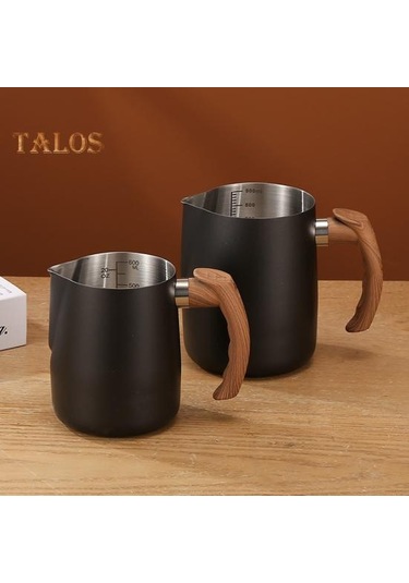 Siyah 600/1000 Ml Süt Köpürtme Sürahi Hassas Ölçekli Ahşap Saplı Damlamasız Borulu Paslanmaz Çelik Latte Kahve Fincanı 1000ml