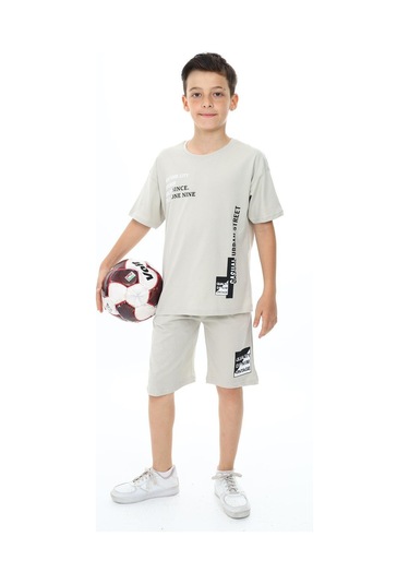 Erkek Çocuk Yazı Baskılı Kısa Kollu Şortlu Takım-5850-Gri