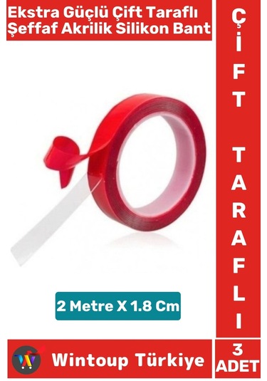 Ekstra Güçlü Suya Küfe Neme Dayanıklı Şeffaf Çift Taraflı Akrilik Silikon Bant 2 Metre X 1.8 Cm 3 Ad