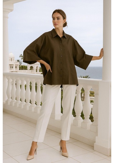 Kadın Kahverengi Oversize Gömlek - Trend Bol Kesim Yumuşak Dokulu Salaş Gömlek Çok Renkli
