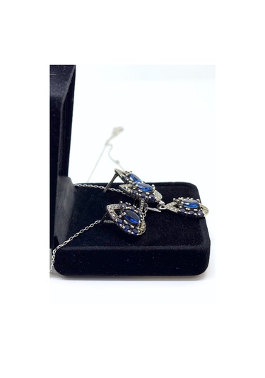 Oya Silver Lacivert Işıltılı Gümüş Damla Markazit Set&takım