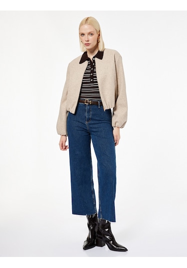 Koton Fermuarlı Bisiklet Yaka Uzun Kollu Crop Kaşe Kolej Bomber Ceket Vizon 6wak20207ew VIZON