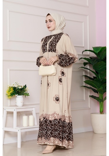 Leopar Desenli Robalı Viscon Elbise-bej-4801 Bej
