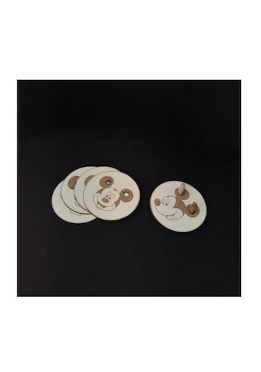 Ahşap Bardak Altlığı Miki Mouse Dekoratif Silinebilir 6'lı Set Beyaz