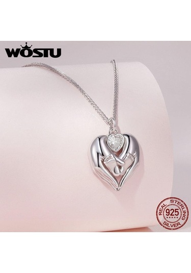 Wostu Anneler Günü Takı Hediye 925 Ayar Gümüş Bebek Ayak İzi Charm Kolye Kalp Şeklinde Açılabilir Zincir Kolye Sevgilisi İçin