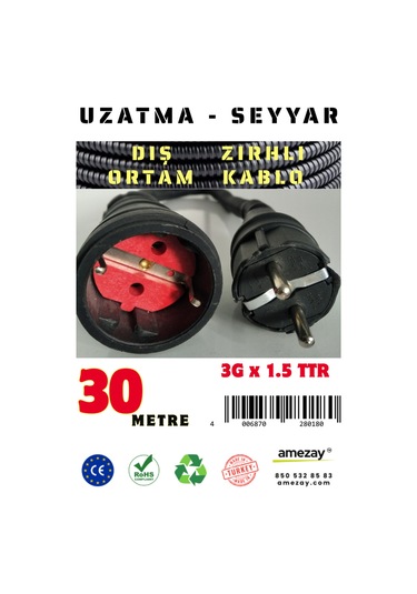 30 Metre Dış Ortam Spiral Zırhlı Uzatma Kablosu - G3x1.5 Kablo Kesiti 30 Metre