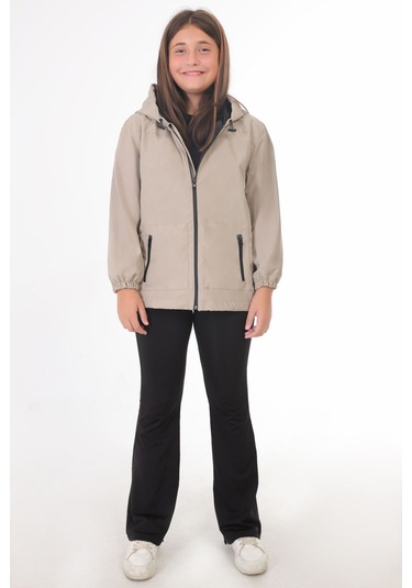 Kız Çocuk Taş İçi Astarlı Su Ve Rüzgar Geçirmez Kapüşonlu Çift Fermuarlı Cepli Yağmurluk Taş