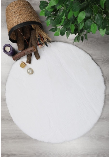 Dekoratif Tavşan Tüyü Ultra Yumuşak Peluş Yuvarlak Halı Beyaz