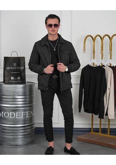 Modefendi Slim Fit Baklava Desen Torba Cep Dolum Elyaf Mont Siyah