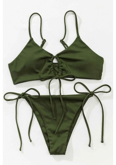 Angelsin Rib Dokulu Ön Ve Yan Bağcık Detaylı İpli Brezilya Bikini Takımı Yeşil