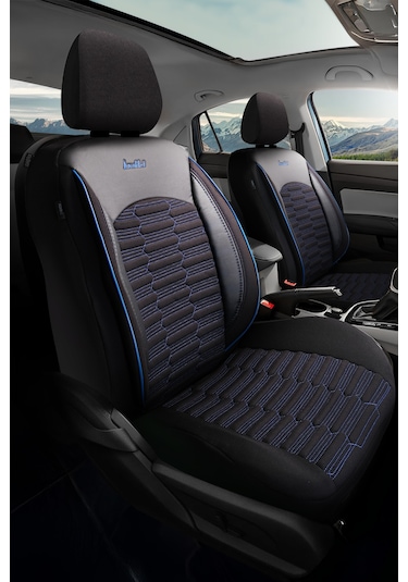 Siyah - Mavi Butti Libro Serisi Keten Kumaş Premium Oto Koltuk Kılıfı Destekli, Ön Arka Tam Set