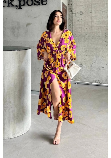 Çiçek Baskılı Elbise Sarı