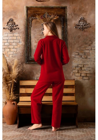 Lukitus Gömlek Yaka Peluş Polar Kadın Pijama Takımı - Kırmızı