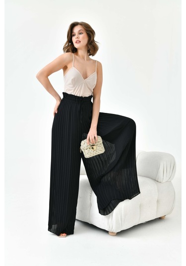 Ftz Women Kadın Şifon Pliseli Pantolon Siyah 30700-Siyah