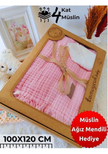 4 Kat Müslin Mint Yeşil Saçaklı Bebek Battaniyesi 100x120 Cm- %100 Pamuklu & Çok Amaçlı Battaniye Pembe