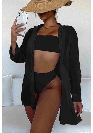 Angelsin Şifon Gömlek Plaj Elbisesi Pareo Kimono Kaftan Siyah 001