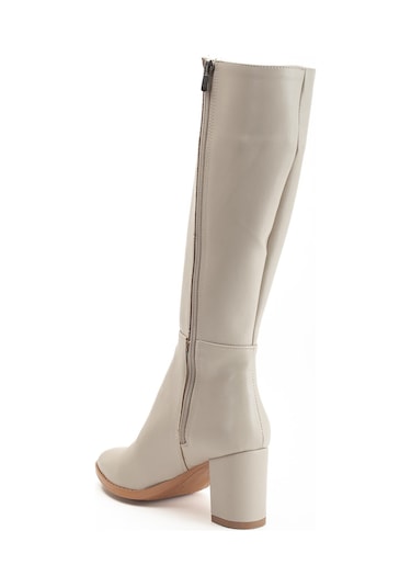 Kadın Topuklu Çizme Bej Suni Deri Sivri Burun-4209 Bej