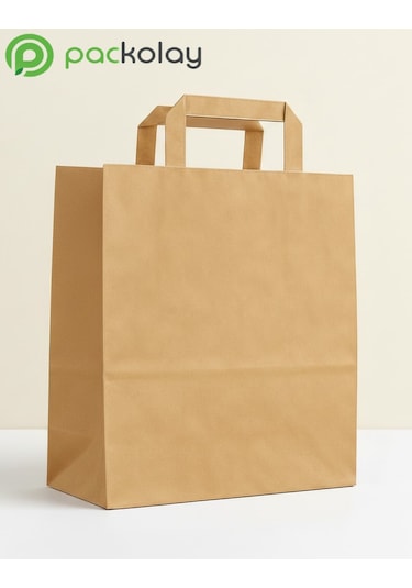 Flat Saplı Kraft Kağıt Çanta 32x21x32 Cm Doğal Kahverengi, Dayanıklı, Baskısız Çanta-10 Adet