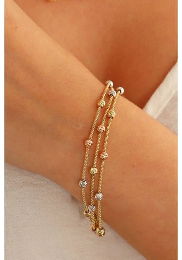 Moom Mücevherat 14 Ayar Altın Dorika Toplu Altın Bileklik Popcorn Renkli Toplar Üç Sıra Çok Renkli