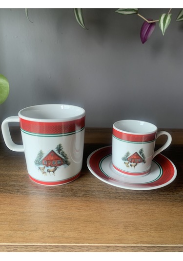 Yeni Yıl-noel Geyikli Ev Model 6 Parça 2 Kişilik Kupa Ve Türk Kahvesi Fincanı Takımı Çok Renkli