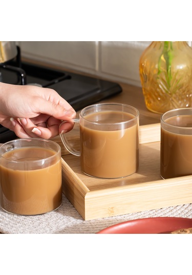 Porsima Pbt-589 Borosilikat Isıya Ateşe Dayanıklı Cam Kulplu 3 Lü Çay Bardağı Kahve Bardak Seti Kupa Şeffaf 350ml Şeffaf