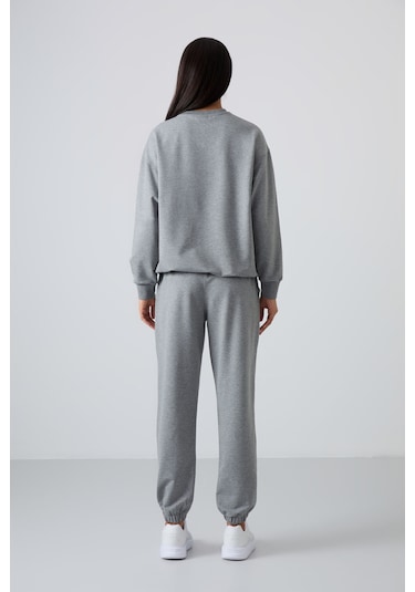 Tommy Life Gri Melanj Basic Pamuklu O Yaka Oversize Lastik Paça Kadın Eşofman Takım - 95287 GRİ MELANJ