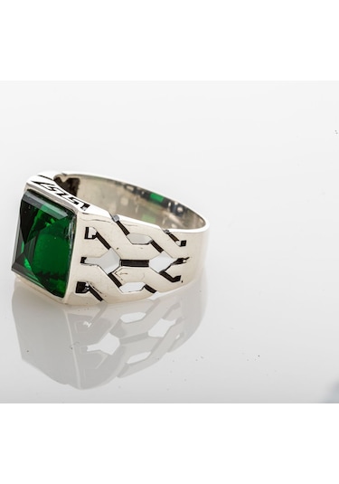 Gümüş Yeşil Baget Kesim Zirkon Taşlı Kare Model Erkek Yüzük