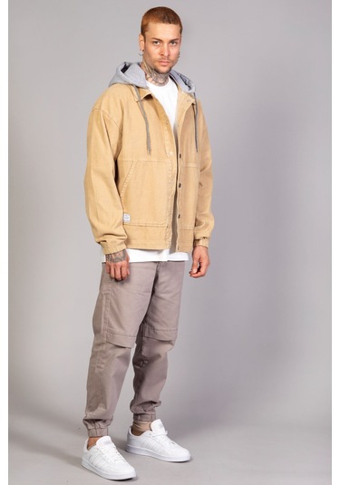 Erkek Bej Çıkarılabilir Kapüşonlu Oversize Pamuklu Kadife Ceket Bej