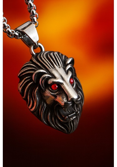 Kırmızı Zirkon Göz Detaylı, Güç Ve Cesaret Sembolü Erkek Aslan Başlı Çelik Kolye /kral Aslan Kolye Metalik Gri