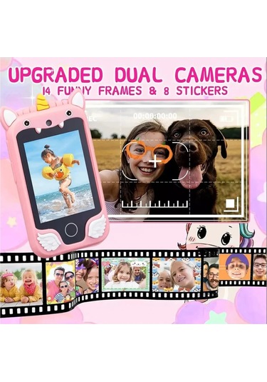 Çocuklar İçin Eğitici Telefon Dokunmatik Ekran Çift Kameralı Fenerli Müzik Çalar Oyun Video Mor