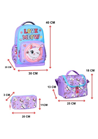 İlkokul Kedi Baskılı Lila, 3 Lü Kız Çocuk Beslenmeli Ve Kalemlikl